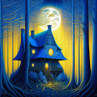 Enchanting blue house in mystical forest under full moon