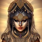 Digital art portrait of a woman with fantasy makeup, golden headdress, armor, under dramatic sky