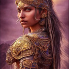 Detailed headpiece and golden shoulder armor on woman against mountainous backdrop