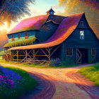 Rustic barn with mossy roof in colorful sunset landscape