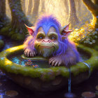 Purple-haired creature with large ears in moss-covered well in enchanted forest