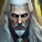 Fantasy character with red eyes and white hair in mystical forest