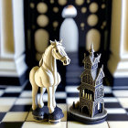 Chess knight and castle on checkered surface with bokeh background