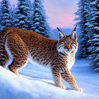 Lynx in Snowy Forest at Dusk with Ear Tufts and Piercing Eyes