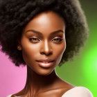 African American woman with natural afro hairstyle on pink and green gradient background