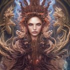 Fantasy portrait featuring woman with ornate crown and mythical creatures