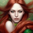 Digital portrait of a woman with red hair, green eyes, and foliage accents