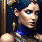 Blue-skinned female portrait: vibrant purple eye makeup, ornate gold jewelry, mystical blue glowing neck