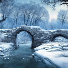 Snow-covered wintry landscape with old stone bridge and frosted trees.