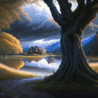 Ethereal landscape with gnarled tree, tranquil waters, quaint houses, golden trees, mountains