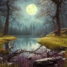 Mystical forest scene with glowing full moon and tranquil lake