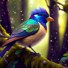 Colorful Fantastical Bird Illustration in Enchanted Forest