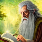 Illustration of wise old man reading book in magical forest