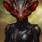 Red-eyed horned creature in black suit, blending human and reptile features