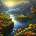 Fantastical landscape with castle on cliff, autumn trees, river, sunrise, mountains