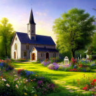 Tranquil illustration: Stone church, gardens, clear sky, birds