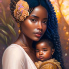 Portrait of a woman with decorative hairpiece holding a child against warm background