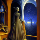 Stylized painting of masked figure in vintage gown in arched doorway overlooking mystical landscape.