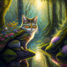 Colorful digital art: Cat with striking eyes in magical forest setting