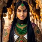 Traditional attire woman with headpiece, necklace, green and gold outfit, posing near ornate tass