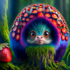 Colorful Fluffy Creature with Strawberry Cap in Lush Green Forest