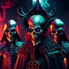 Three figures in dark ornate costumes with skull masks and horned headpieces, surrounded by red and