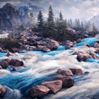 Vibrant digital artwork of rocky river landscape with blue waters and misty mountains