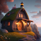 Charming thatched roof cottage with round door by cliffside at twilight