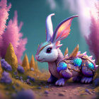 Rabbit-headed dragon in colorful whimsical landscape