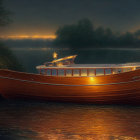 Vintage Wooden Boat with Lit Lanterns Moored at Tranquil Riverside