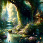 Enchanting forest scene with whimsical cottage, waterfall, stream, vibrant flora.