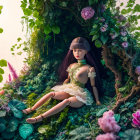 Dark-haired doll surrounded by lush greenery and butterflies in fairy-tale scene