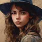 Young girl with wavy hair in blue wide-brimmed hat and brown eyes