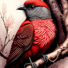 Vibrant red bird with grey accents perched on a branch against muted background