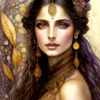 Detailed Illustration: Woman with Striking Eyes and Golden Jewelry