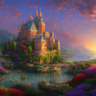 Fantasy castle in vibrant garden by serene lake at sunset