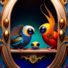 Colorful whimsical birds with oversized eyes on decorative perch, with chick and ornate golden embellishments