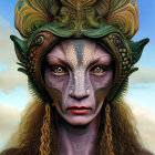 Fantastical portrait of character with scaly skin and serpent headgear