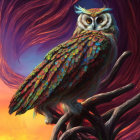 Colorful fantasy owl on twisted branch at sunset