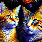 Colorful Digital Artwork of Two Cats with Multi-Colored Fur and Blue Eyes