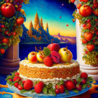 Colorful fruit-topped cake in front of magical castle with butterflies, apples, and grapes