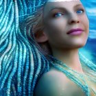 Blue-eyed woman with intricate braided blue hair in serene ocean setting