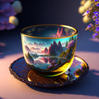 Ornate golden cup with landscape painting on matching saucer at twilight