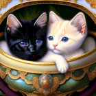 Adorable black and white kittens in ornate bowl with floral motifs