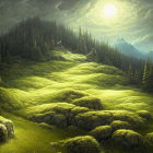 Fantasy landscape: Moss-covered hills, pine forests, mountains under bright moon