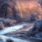 Surreal winter landscape: flowing river, snow-covered grounds, frost-laden trees