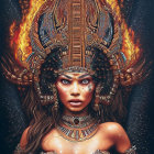 Striking-eyed woman in ornate headdress against cosmic backdrop