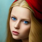 Portrait of young woman with blue eyes, red headscarf, blonde hair