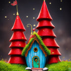 Whimsical fairy tale house with blue door and red roofs