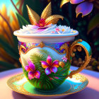 Floral design teacup with gold detailing and milk, surrounded by vibrant plants